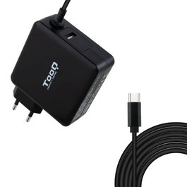 TooQ Cargador Portátil TQLC-USBC65PD USB-C 65W PD 3.0 Automático 5-20V, 1 Puerto USB-A 5V/2.4A, Cable 1.8m, Compatible Mac, Negro
